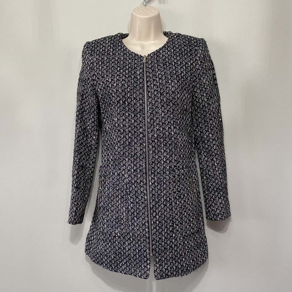 Zara Basics Textured Weave Tweed Frock Jacket Size Medium Zip-up Pockets